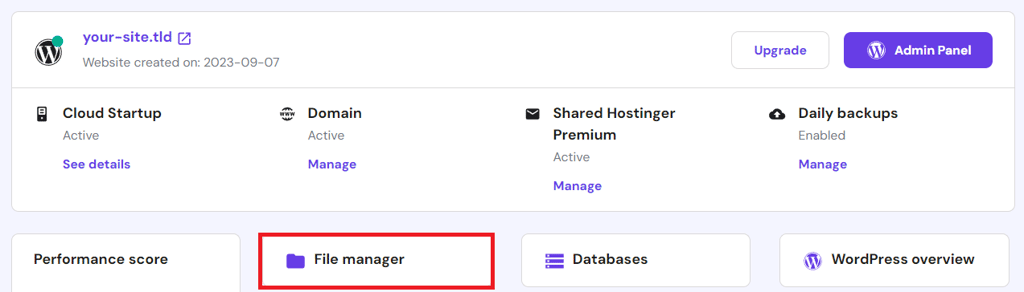 Die Schaltfläche „Dateimanager“ im hPanel-Dashboard zur Website-Verwaltung
