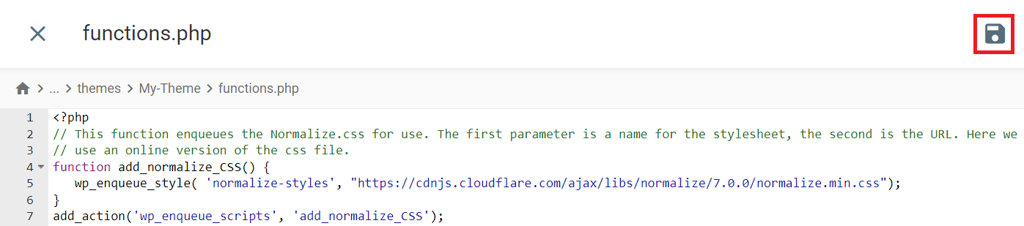 Die Speichern-Schaltfläche im Code-Editor des Dateimanagers
