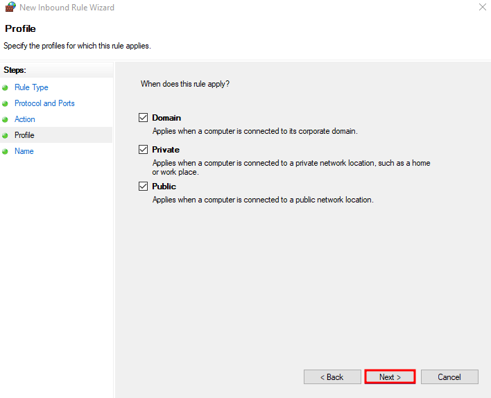 Legen Sie die Profile der neuen Regel in der Windows Defender-Firewall fest.