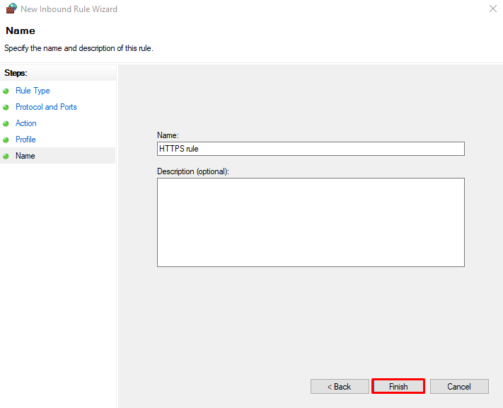 Fügen Sie der neuen Regel in der Windows Defender-Firewall einen Namen und eine Beschreibung hinzu.