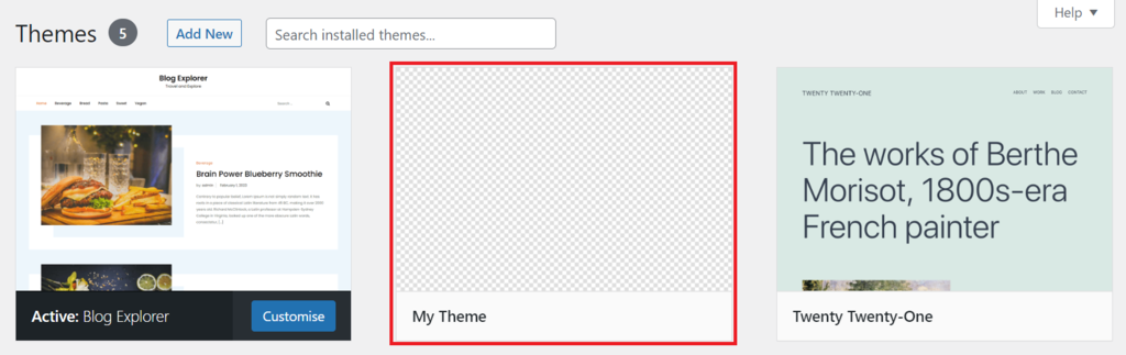 Ein leeres Theme im WordPress-Menü „Themes“
