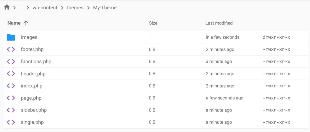 Inhalt eines neu erstellten Theme-Ordners