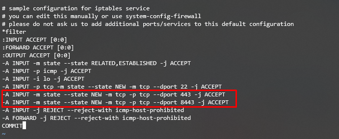 Freigabe der Ports 443 und 8443 in den iptables von CentOS über das Terminal.