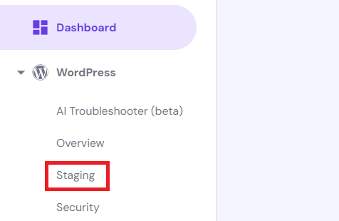 Position des Staging-Tools in der Website-Verwaltung von hPanel