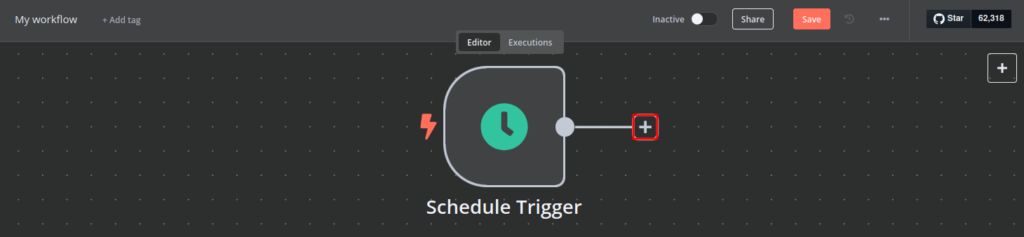 n8n-Canvas zur Workflow-Erstellung mit einem Zeitplan-Trigger und einer Schaltfläche zum Hinzufügen von Aktionen