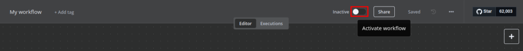 n8n-Workflow-Ansicht mit der Option zum Aktivieren des Workflows