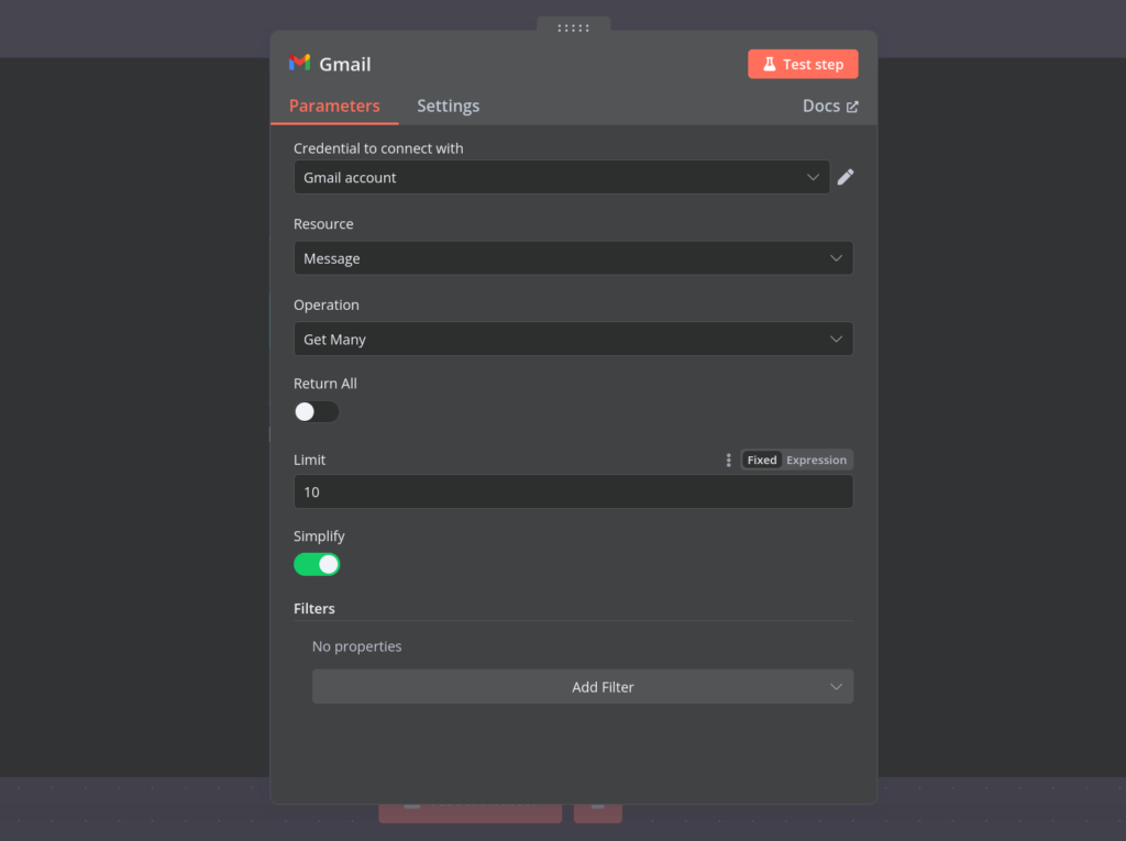n8n-Dialog der Gmail-Integration mit Optionen zur Konfiguration der Aktion