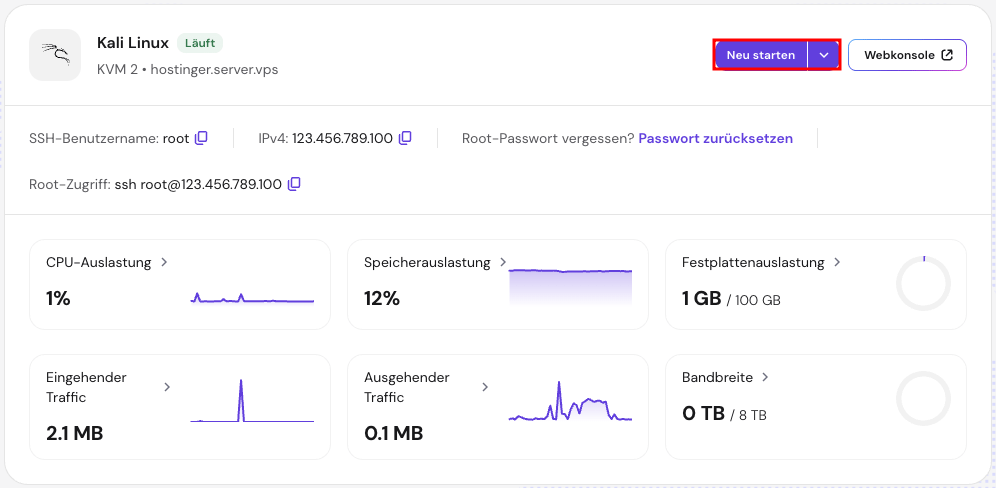 reboot vps kali linux hostinger dashboard