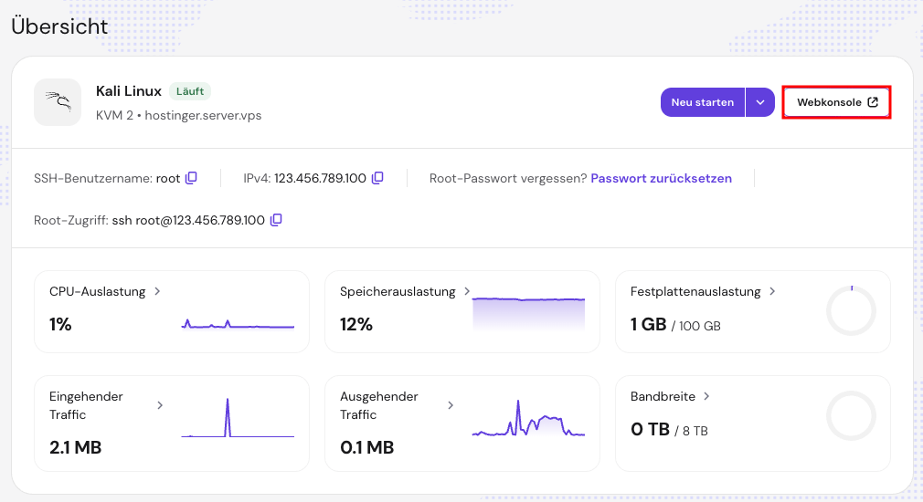 Webkonsole hostinger dashboard kali linux