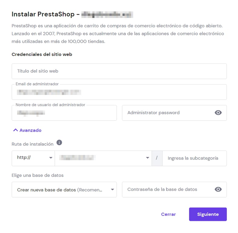 Formulario de instalaci&oacute;n de PrestaShop en hPanel