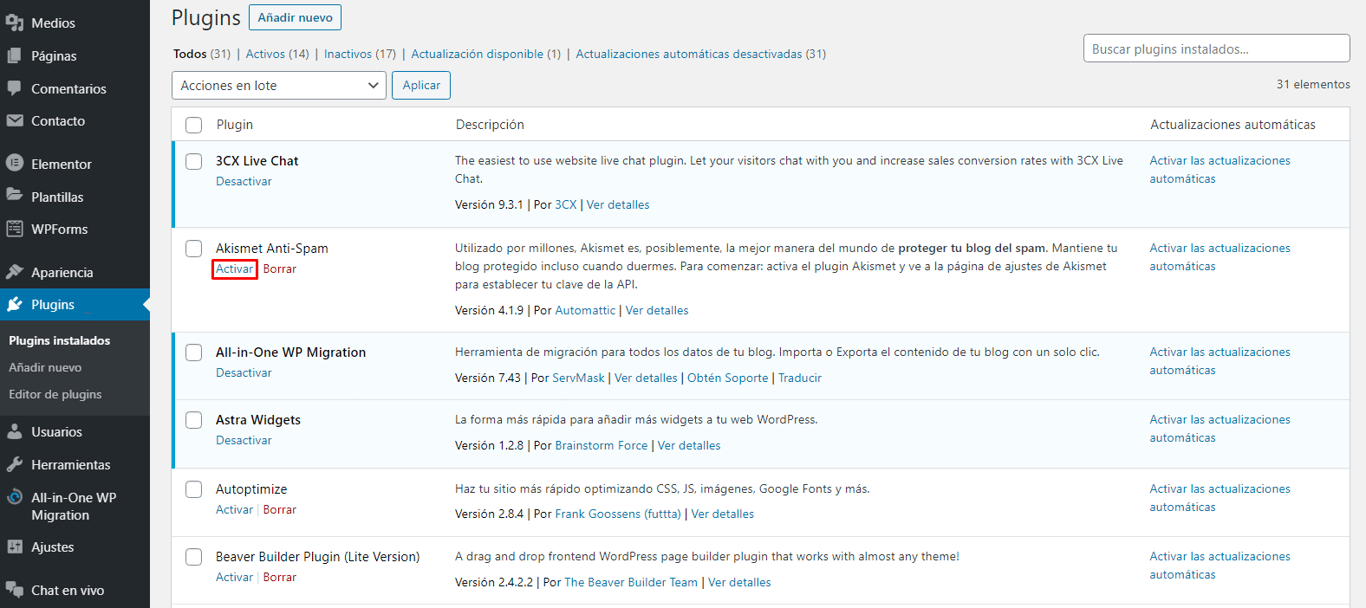 Activar plugin en el panel de WordPress