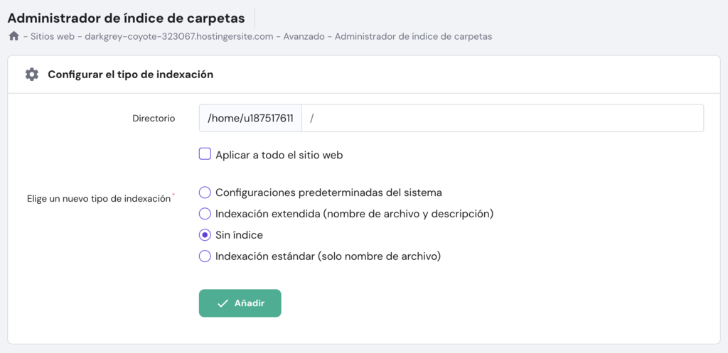 Administrador de índice de carpetas en hPanel