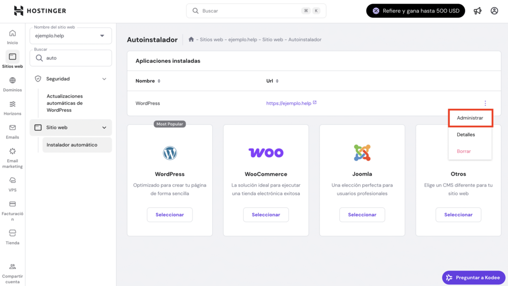 Autoinstalador en hPanel