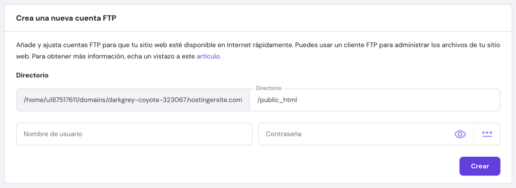 Crear una nueva cuenta FTP en Hpanel