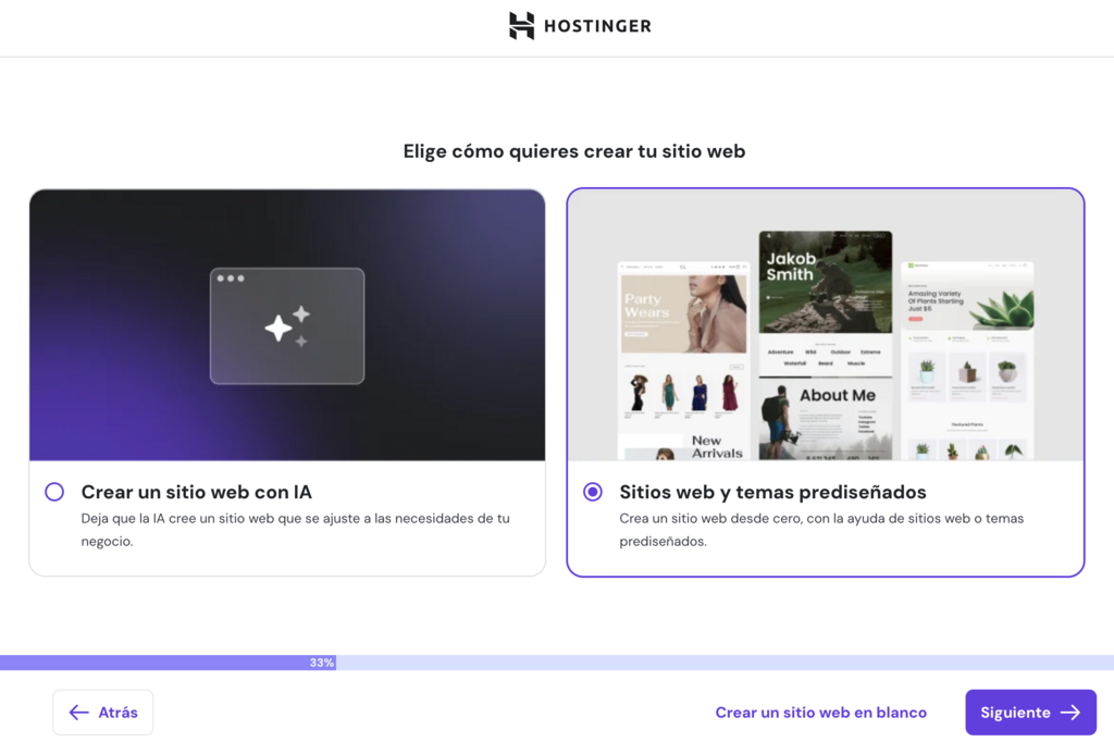 Asistente de creación web de Hostinger