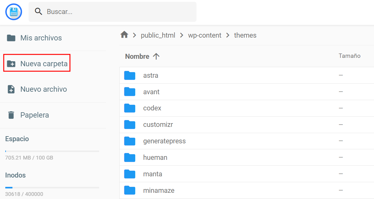 El icono Nueva carpeta en el archivo public_html