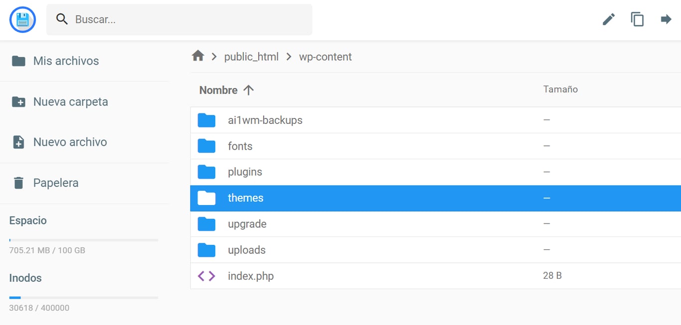 La carpeta de temas donde se ubicar&aacute; el directorio de tu tema padre y del tema hijo en el hPanel