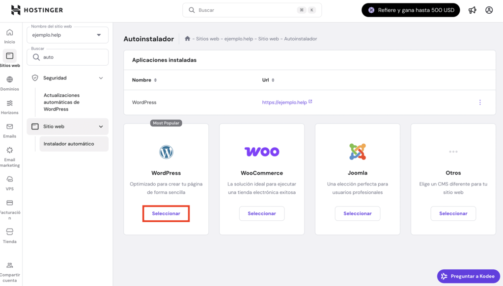 Autoinstalador en hPanel