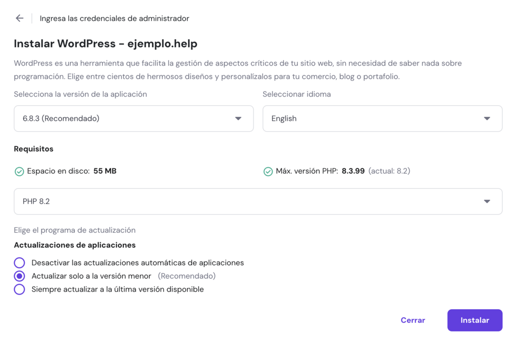 Configuración de instalación de WP
