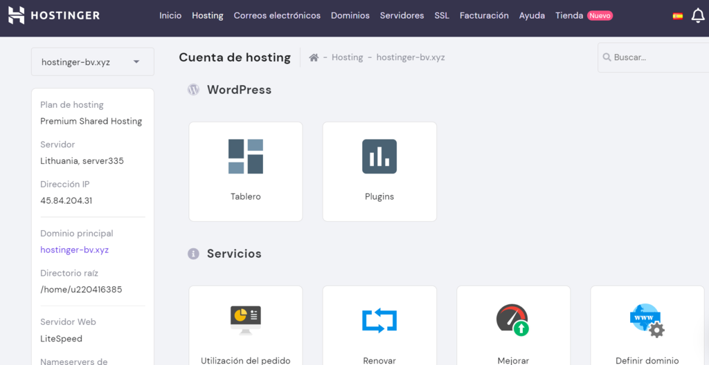 La direcci&oacute;n IP dada por el proveedor de alojamiento se muestra en el hPanel