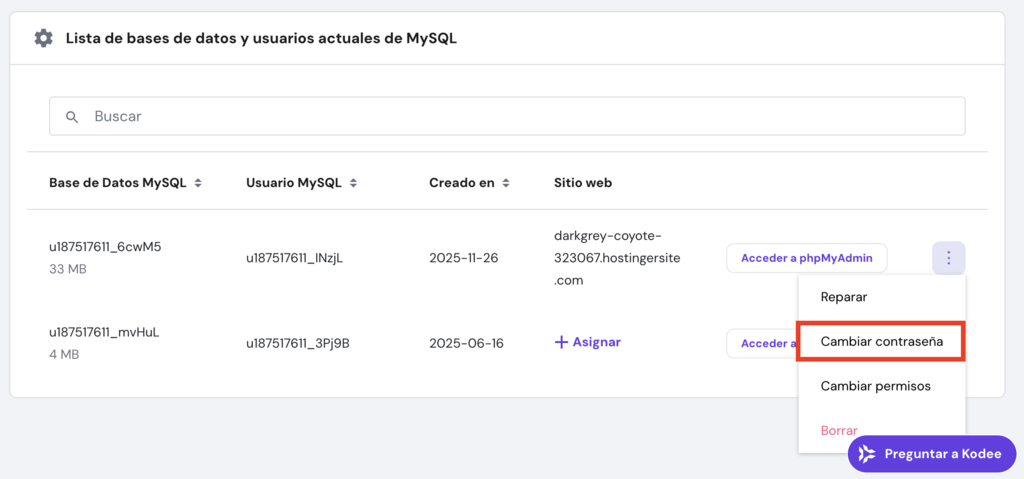 Lista de bases de datos en hPanel