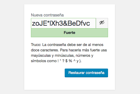 WordPress sugiriendo una nueva contrase&ntilde;a para ti.