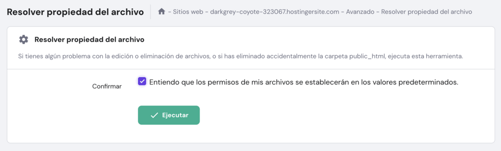 Sección para corregir propiedad del archivo en hPanel