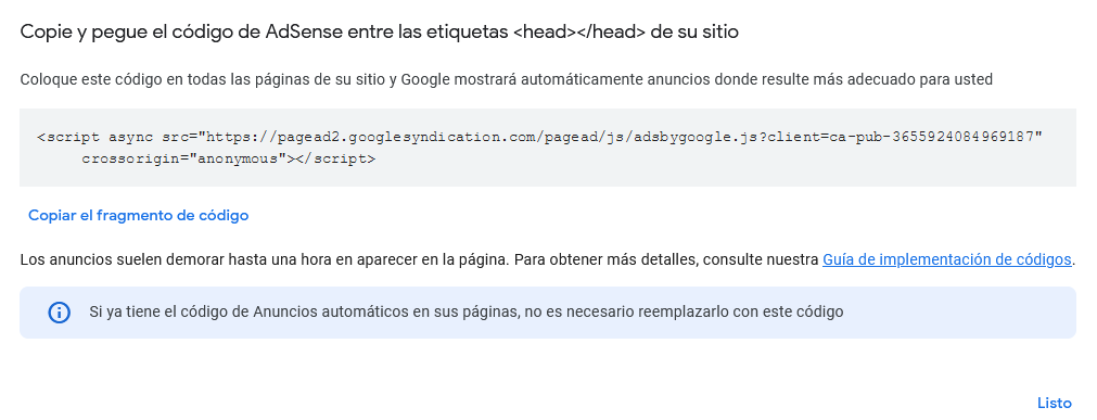 Copiar c&oacute;digo de Adsense para conectar con WordPress