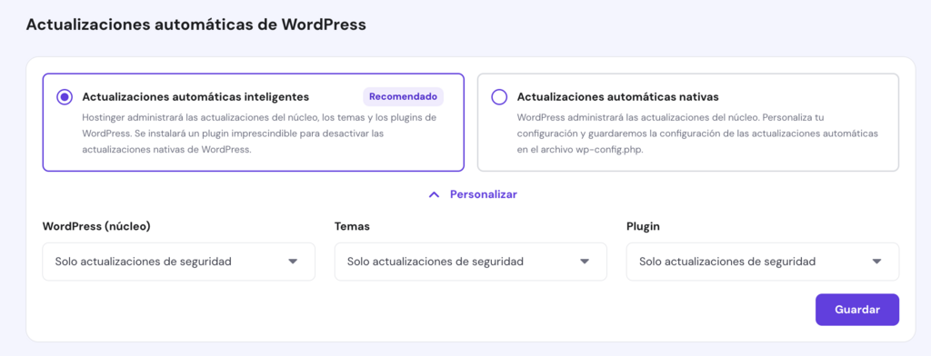 Sección de actualizaciones automáticas inteligentes en hPanel