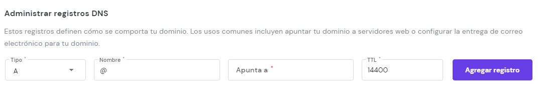 Administrar registros DNS en hPanel