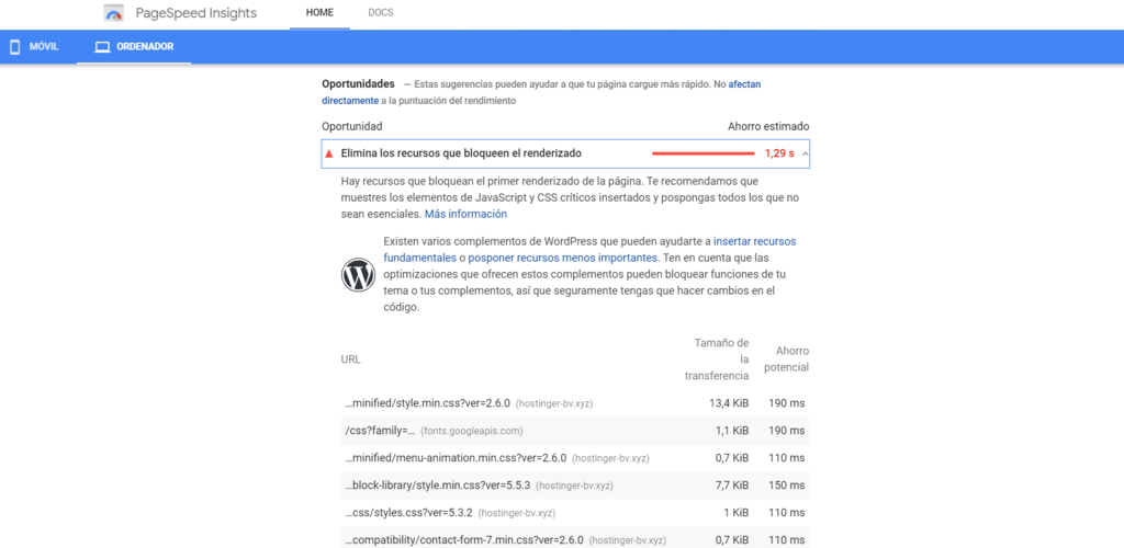 Eliminar el JavaScript que bloquea la visualización y el CSS en el contenido de la parte superior de la página