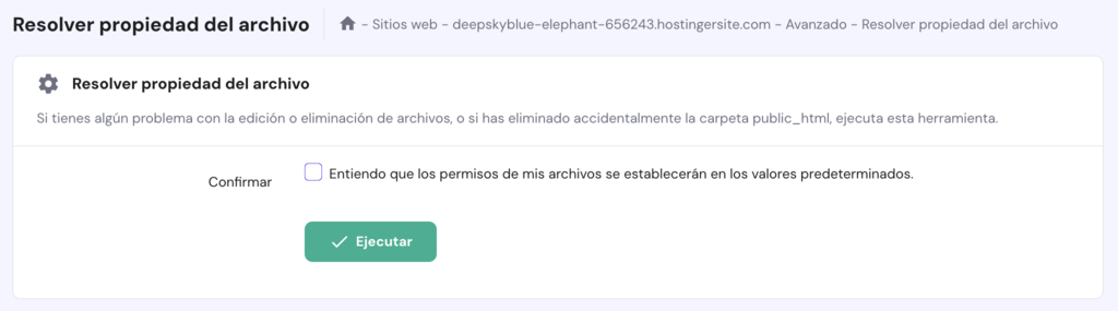 Sección de Resolver propiedad del archivo en hPanel