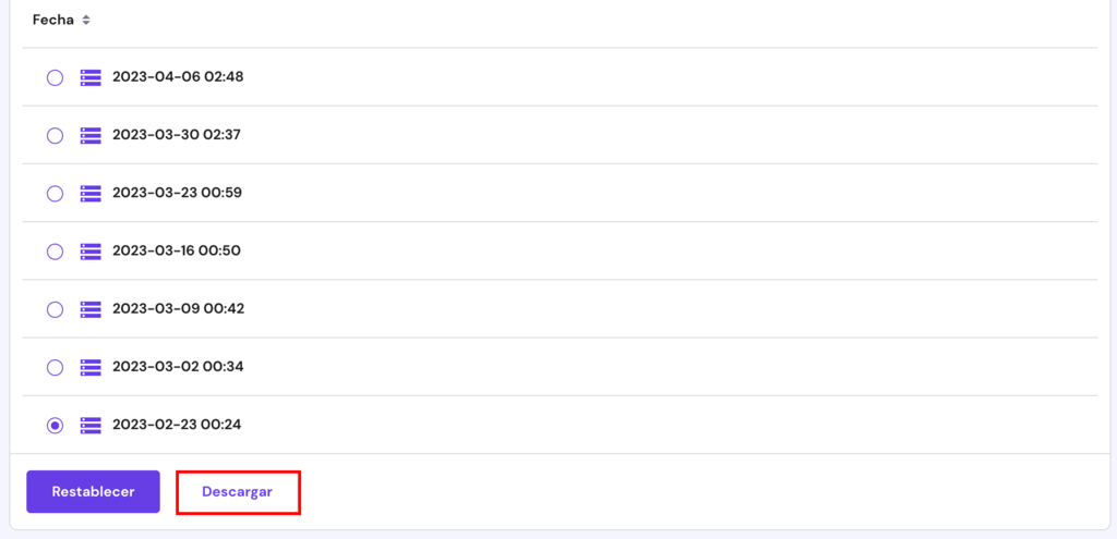 La p&aacute;gina de copias de seguridad de las bases de datos en hPanel. La copia de seguridad de la base de datos est&aacute; lista para ser descargada