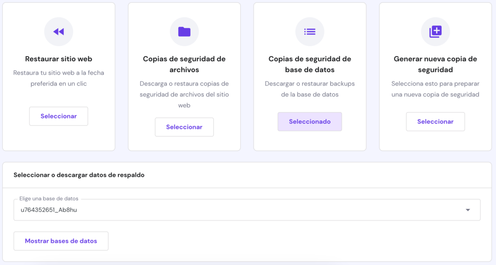 La p&aacute;gina de copias de seguridad de las bases de datos en hPanel