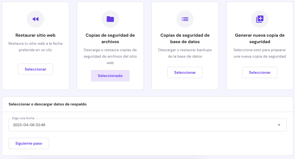 La p&aacute;gina de copias de seguridad de los archivos del sitio web en hPanel