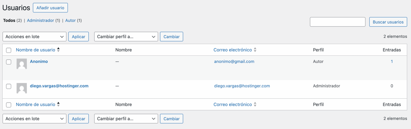 Sección de usuarios en WP