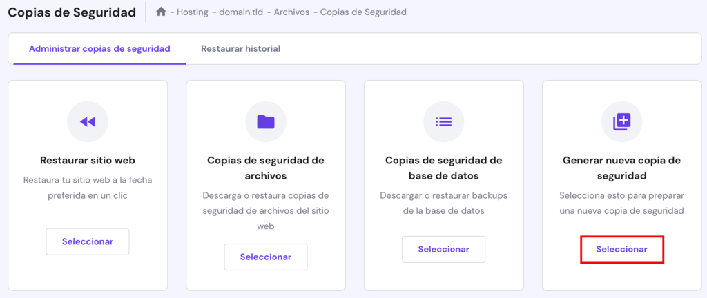 La página de Copias de Seguridad en hPanel. El botón Generar nueva copia de seguridad está resaltado