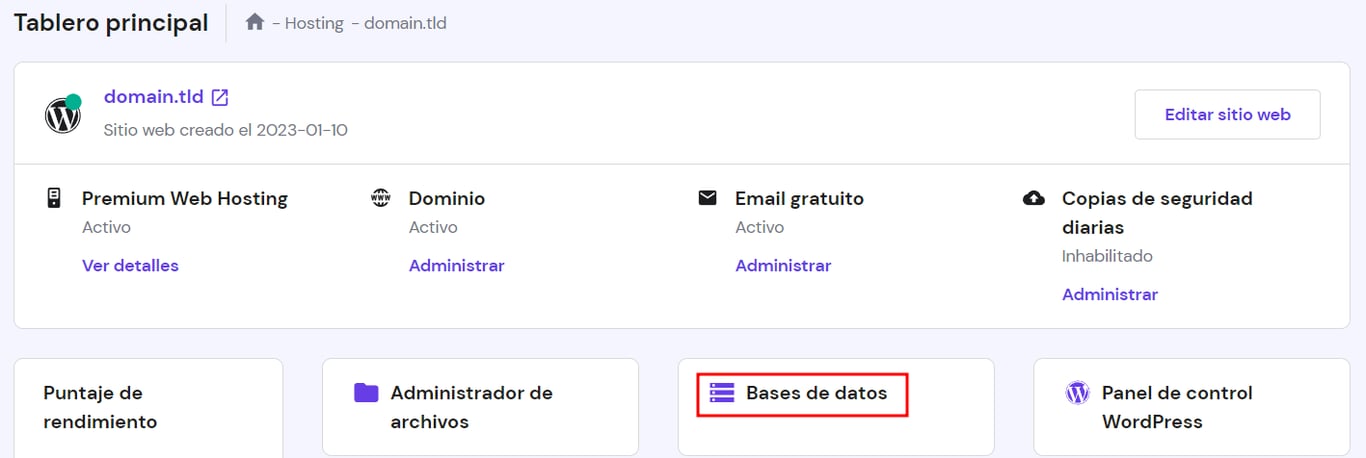 base de datos mysql en panel de control de hosting