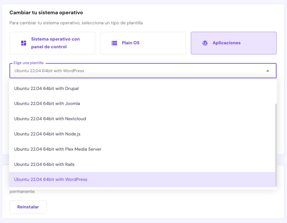 Las plantillas de sistemas operativos VPS disponibles en Hostinger. Se selecciona una plantilla con WordPress.