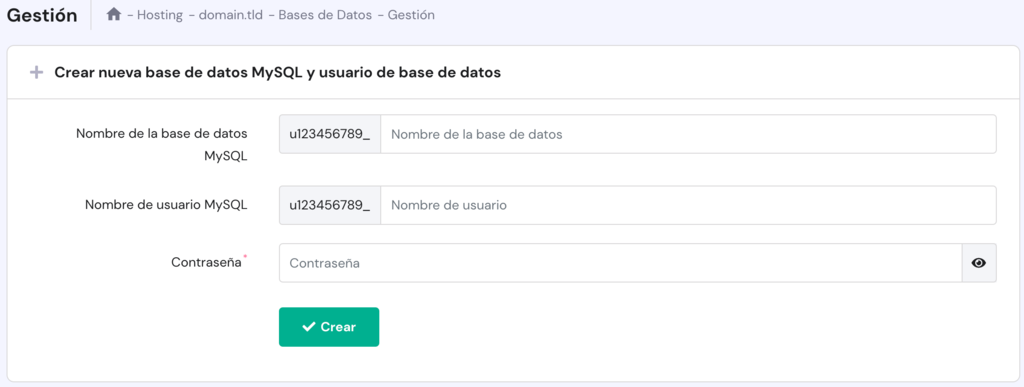 La p&aacute;gina de gesti&oacute;n de las bases de datos en hPanel