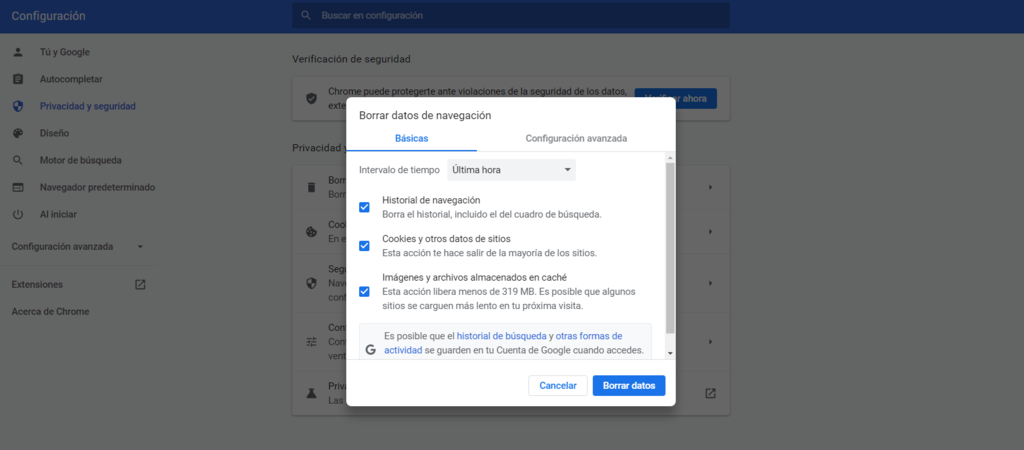 Borrar datos de navegaci&oacute;n en Chrome