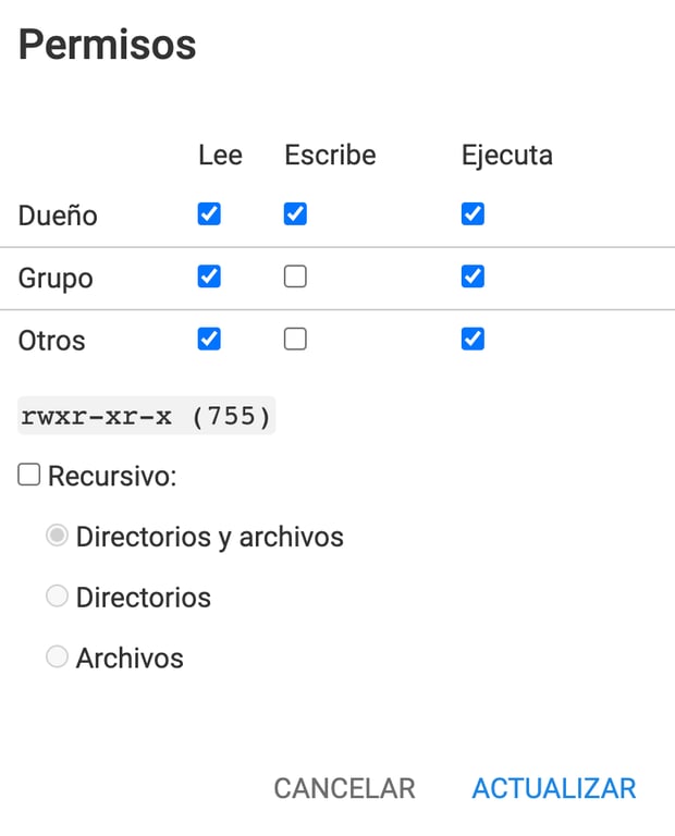 La ventana de permisos del gestor de archivos Hostinger