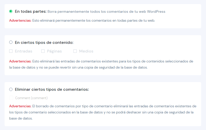Ajustes de Dissable Comments - Borrar comentarios