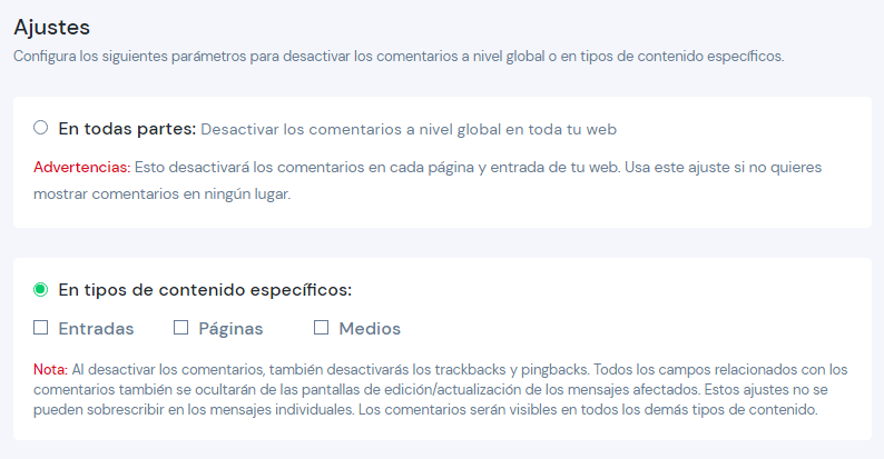 Ajustes de Dissable Comments - Desactivar comentarios