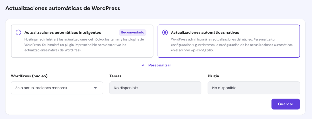 Configuraci&oacute;n de actualizaciones autom&aacute;ticas de hPanel