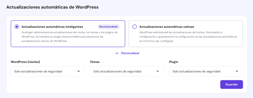 Mostrar configuración avanzada de actualizaciones de hPanel
