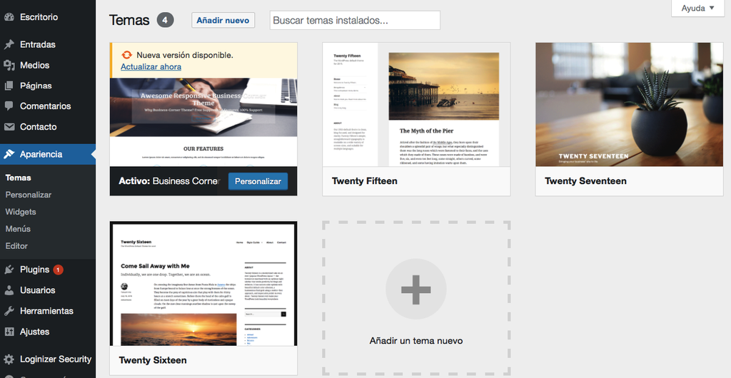 Plantillas de WordPress en el panel de administraci&oacute;n