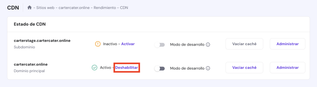 Secci&oacute;n de CDN en hPanel