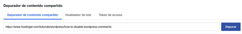 Verificando una página usando el depurador de URL de Facebook.