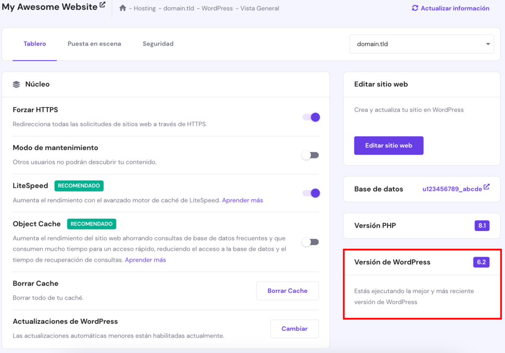 Informaci&oacute;n de la versi&oacute;n de WordPress en hPanel